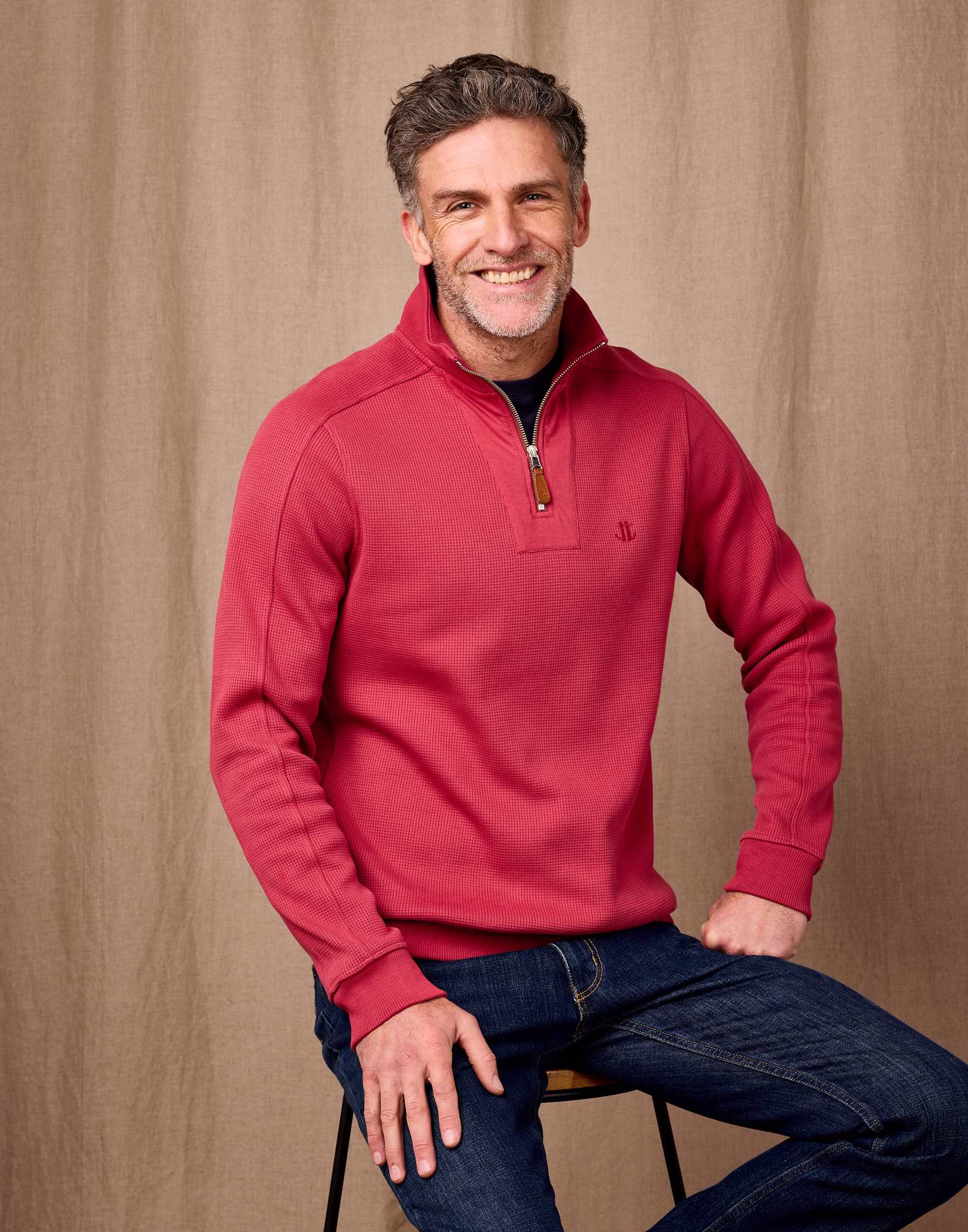 Half Zip Waffle Sweatshirt - Brick Red