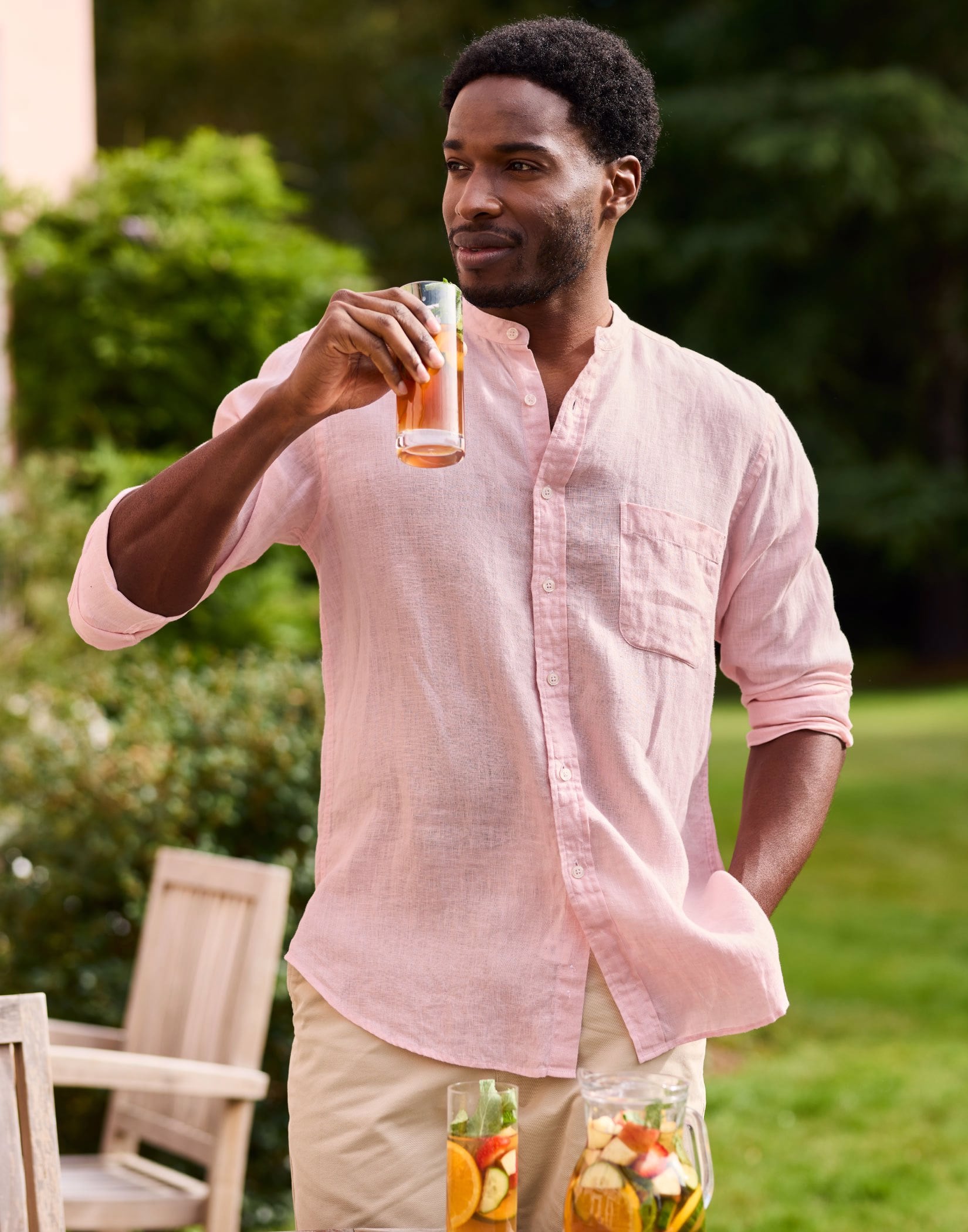 Linen Grandad Collar Shirt - Pink