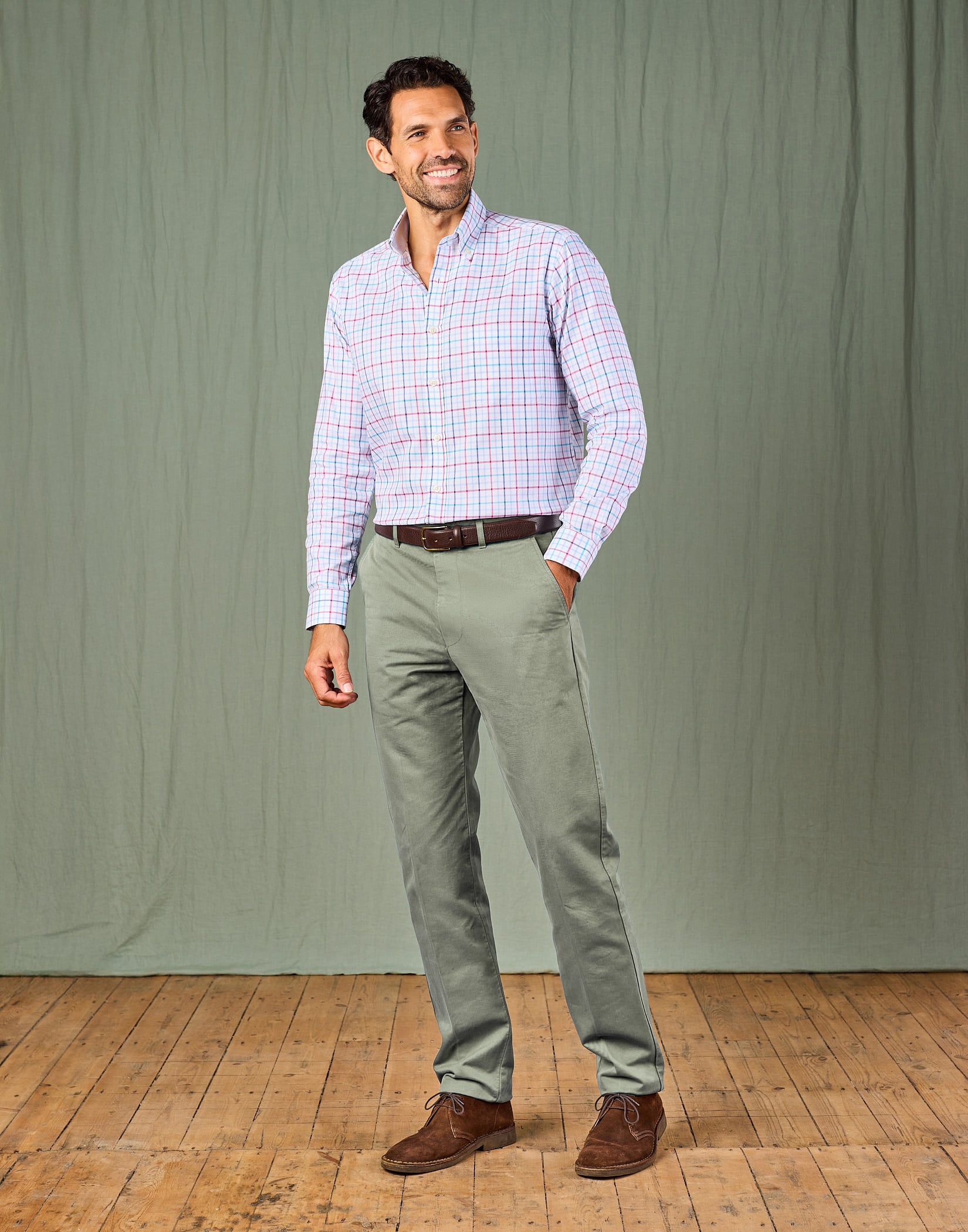 Flat Front Chino Trousers - Sage