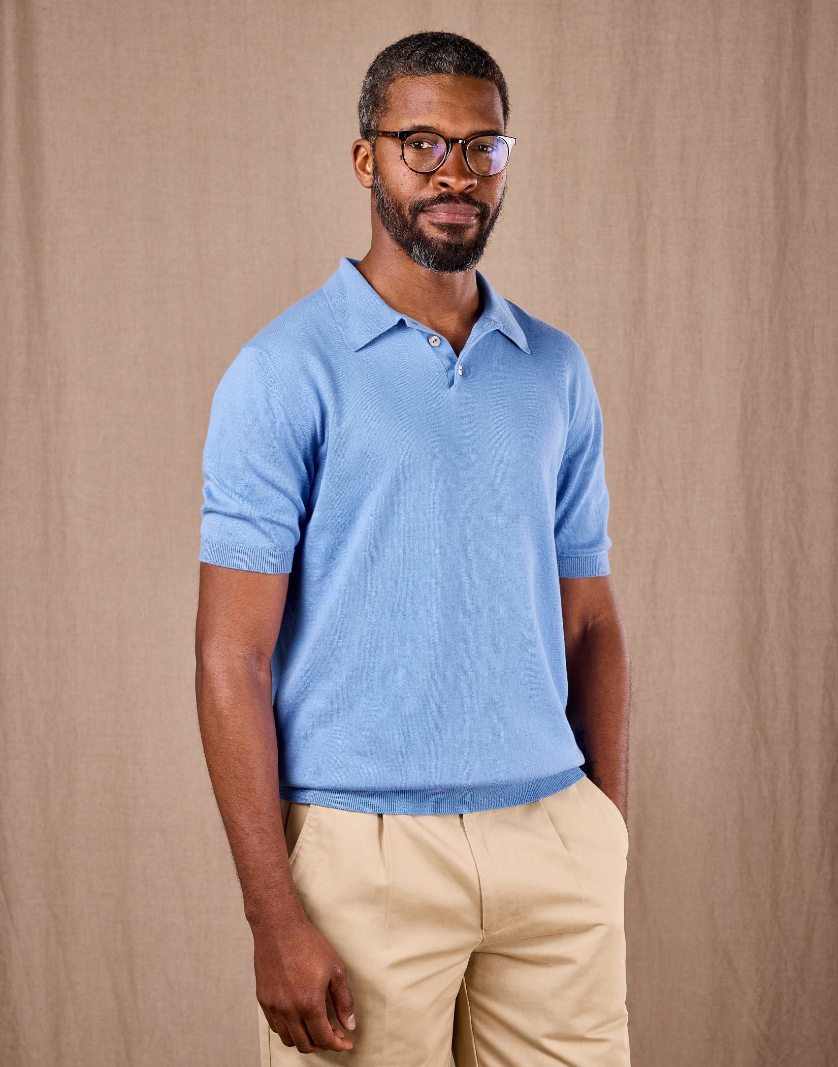 Cotton Knitted Polo - Cornflower