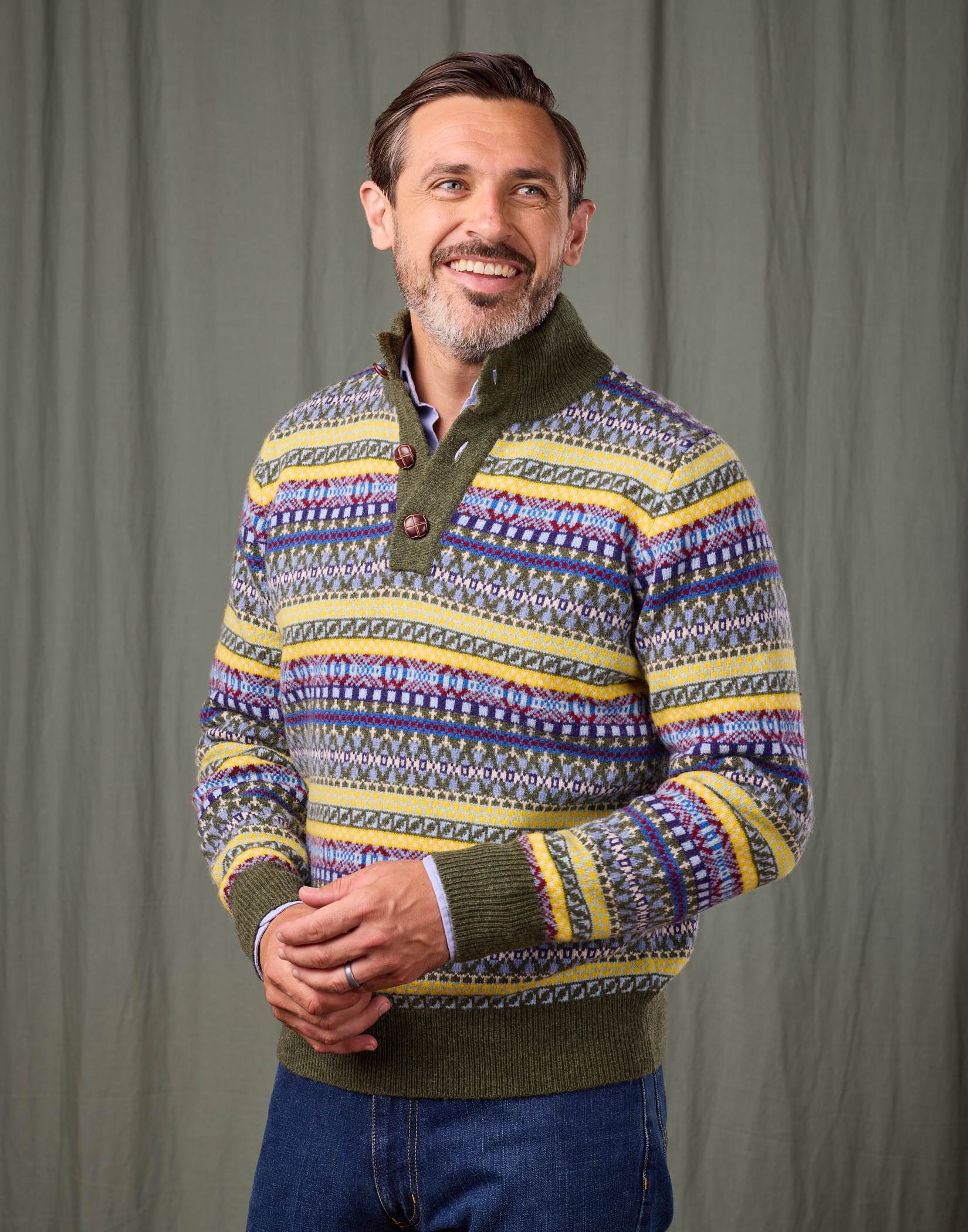 Fair Isle Button Neck Jumper - Green/Red/Yellow