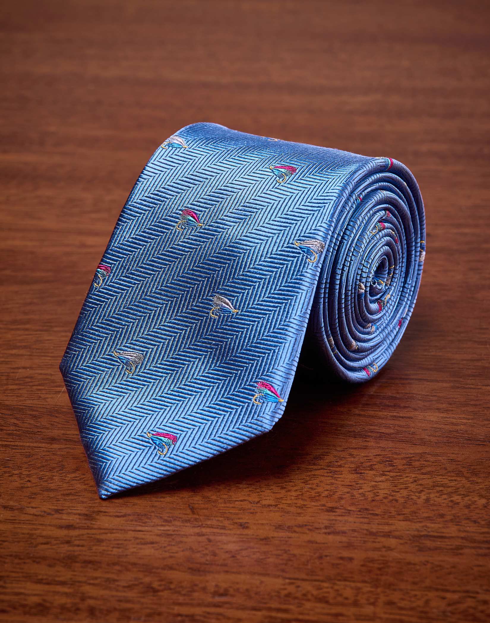 Fishing Flies on Blue Woven Silk Tie