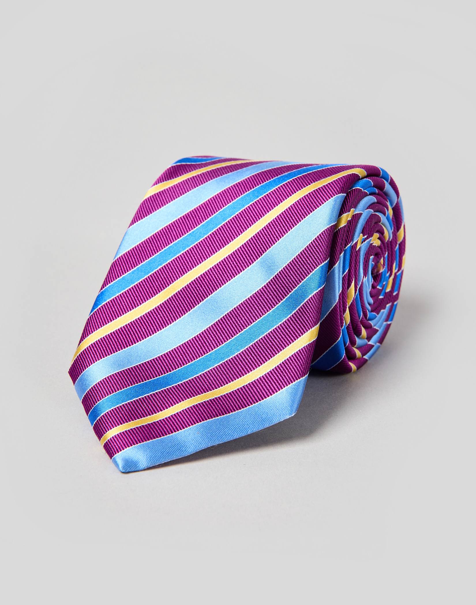 Blue/Gold Stripe on Magenta Woven Silk Tie