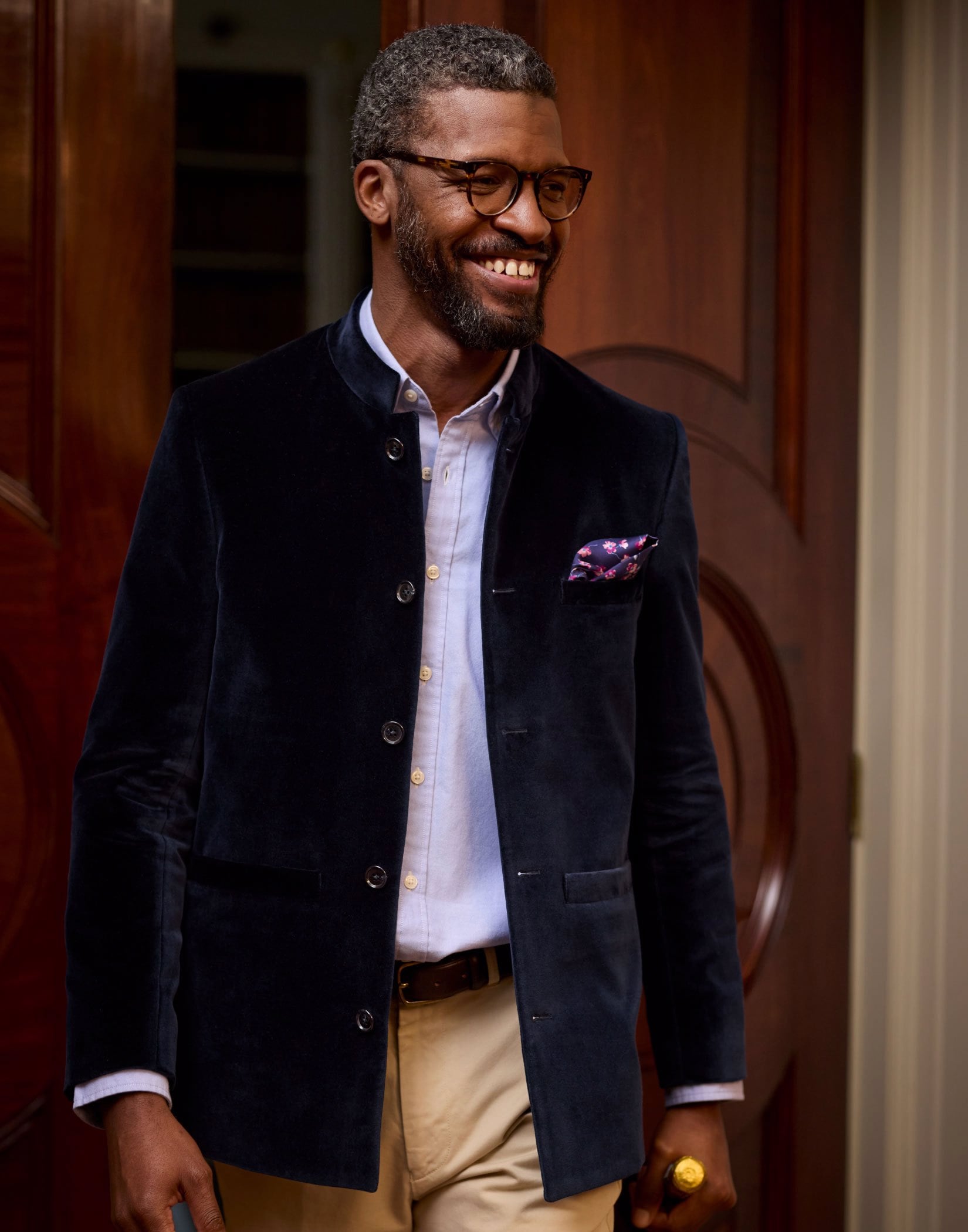 Velvet Nehru Jacket - Navy