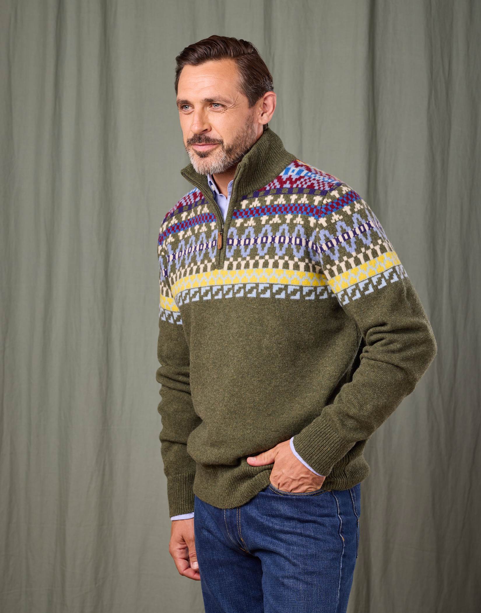 Fair Isle Half Zip Jumper - Green/Red/Yellow