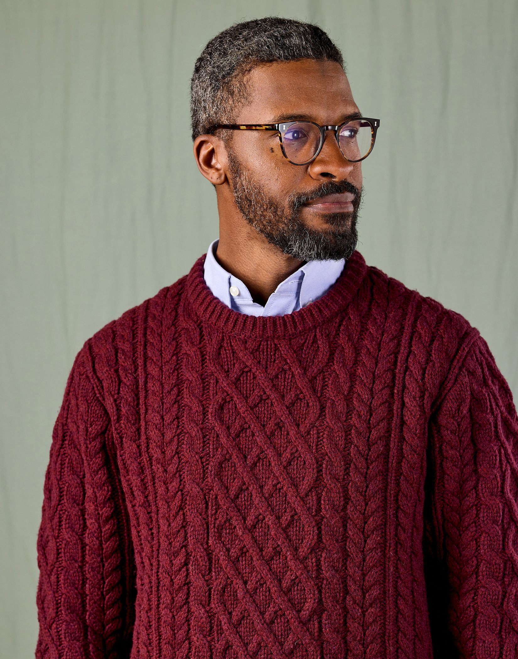 Aran Crew Neck Jumper - Wine