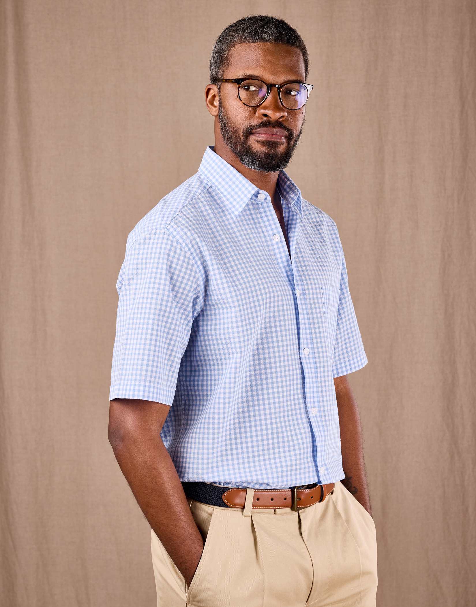 Seersucker Shirt Short Sleeve - Blue Gingham
