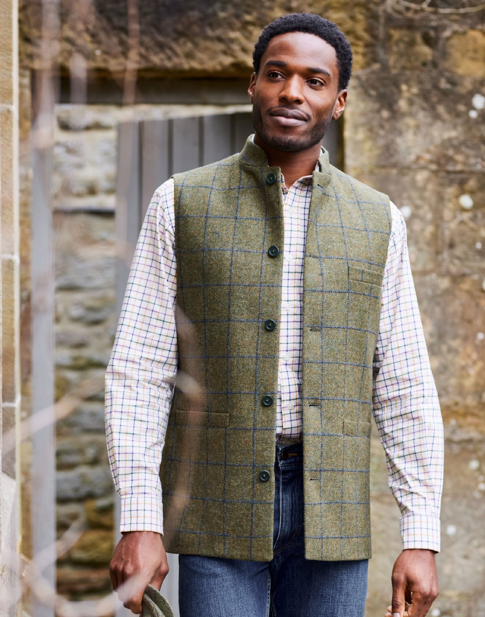 Tweed Nehru Gilet - Olive/Blue
