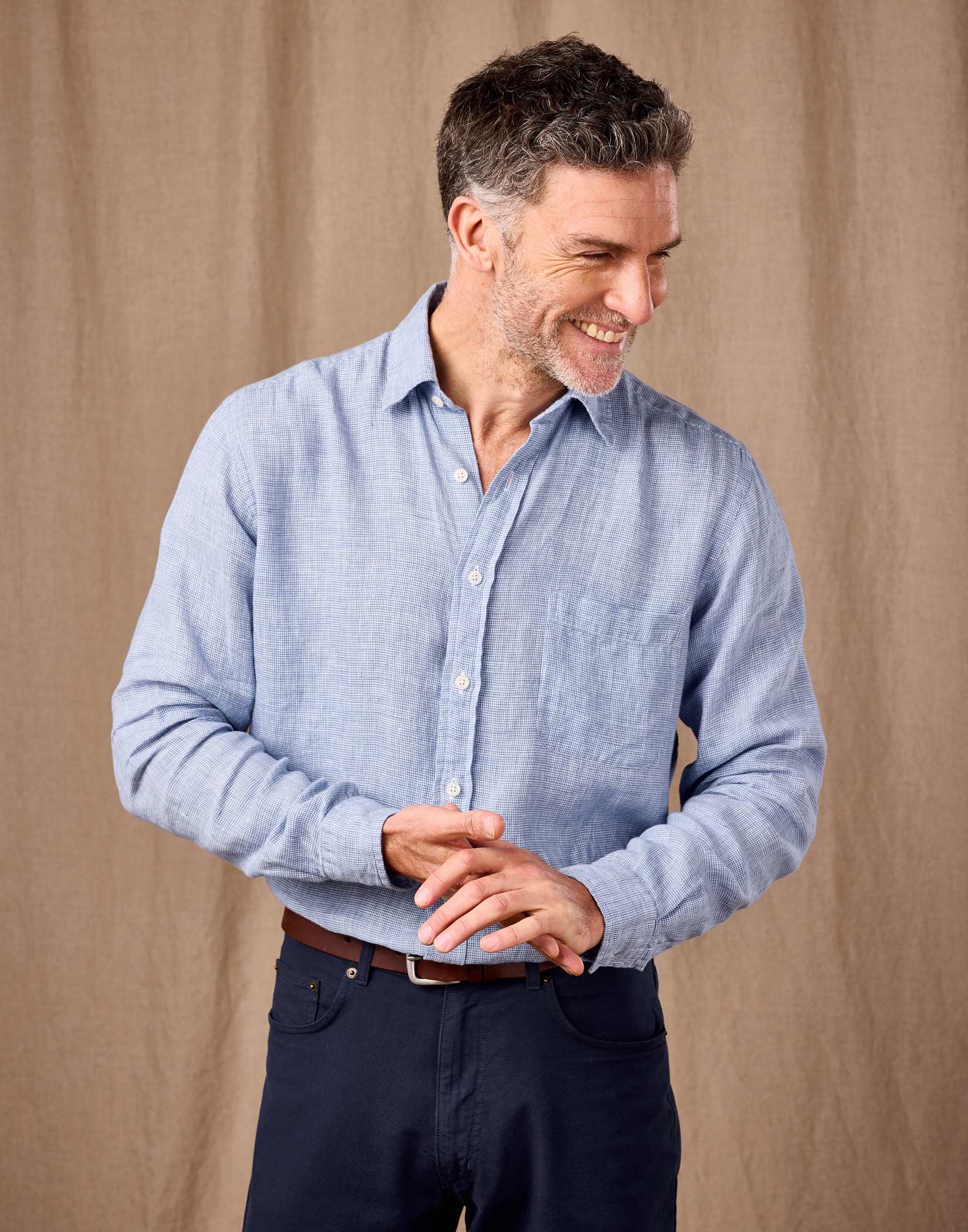 Linen Shirt Long Sleeve - Blue Dogtooth