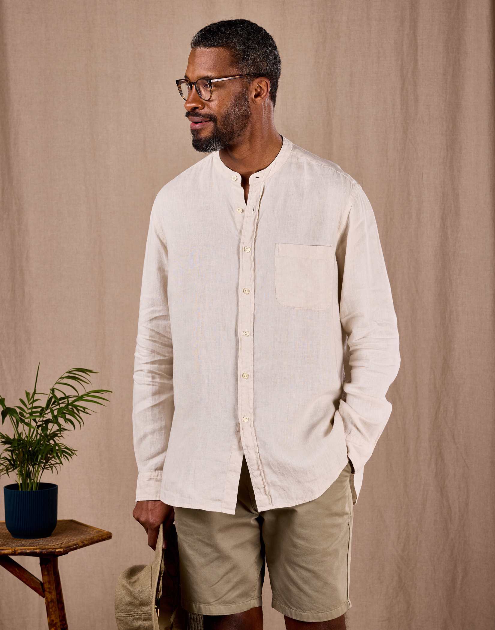 Linen Grandad Collar Shirt - Stone | Joseph Turner