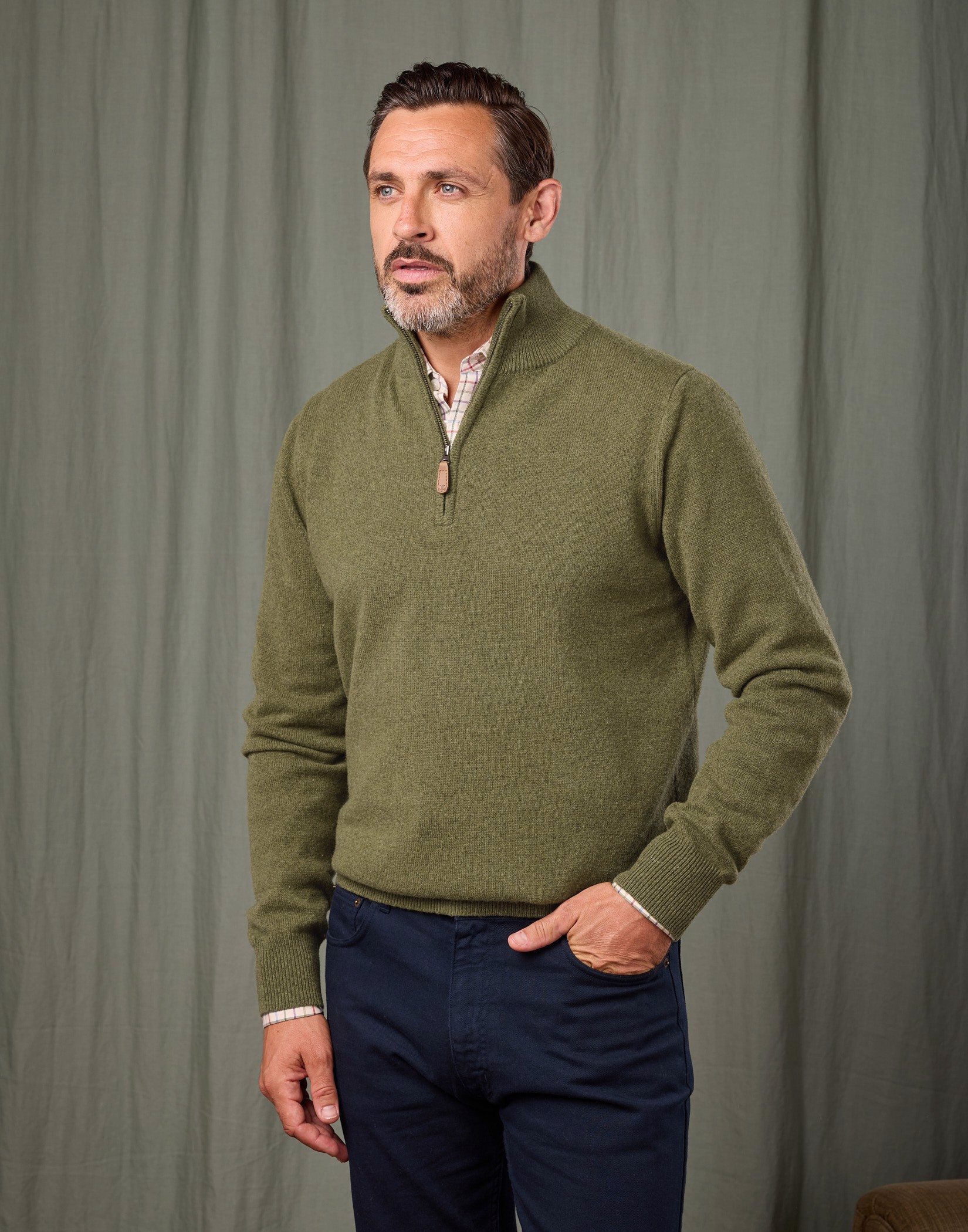 Lambswool Half Zip Jumper - Light Olive