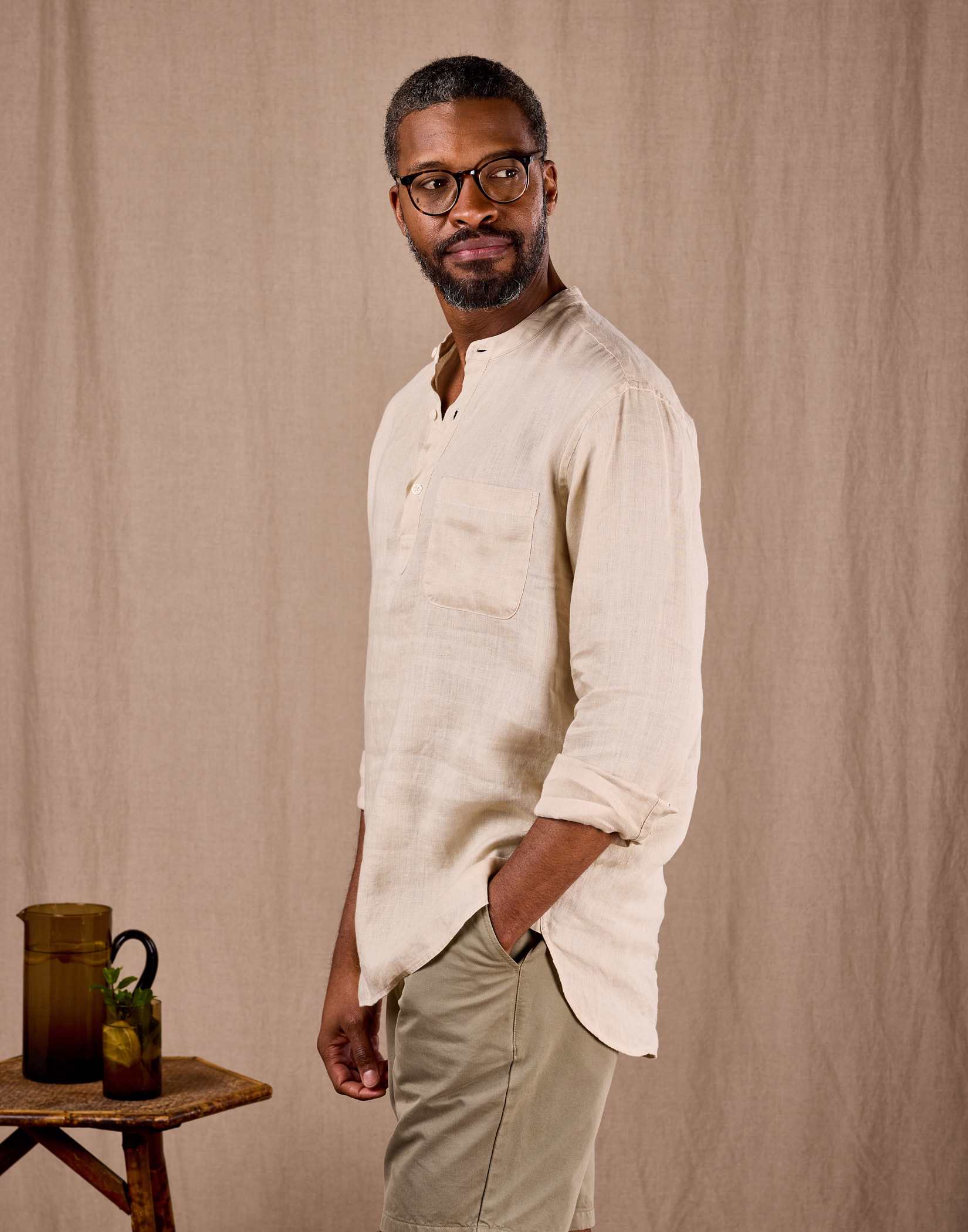 Linen Grandad Half Placket Shirt - Stone Half Placket | Joseph Turner
