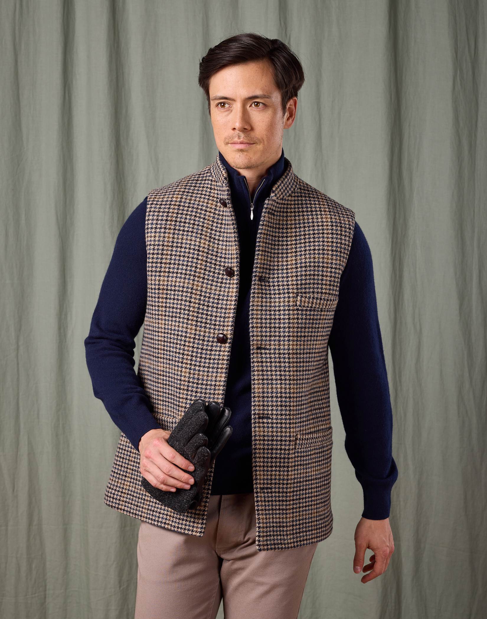 Double Faced Wool Gilet - Dogtooth/Navy