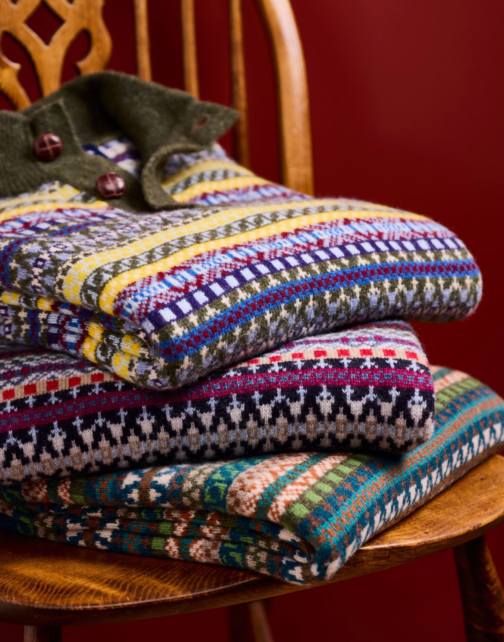 Fair Isle Button Neck Jumper - Blue/Red