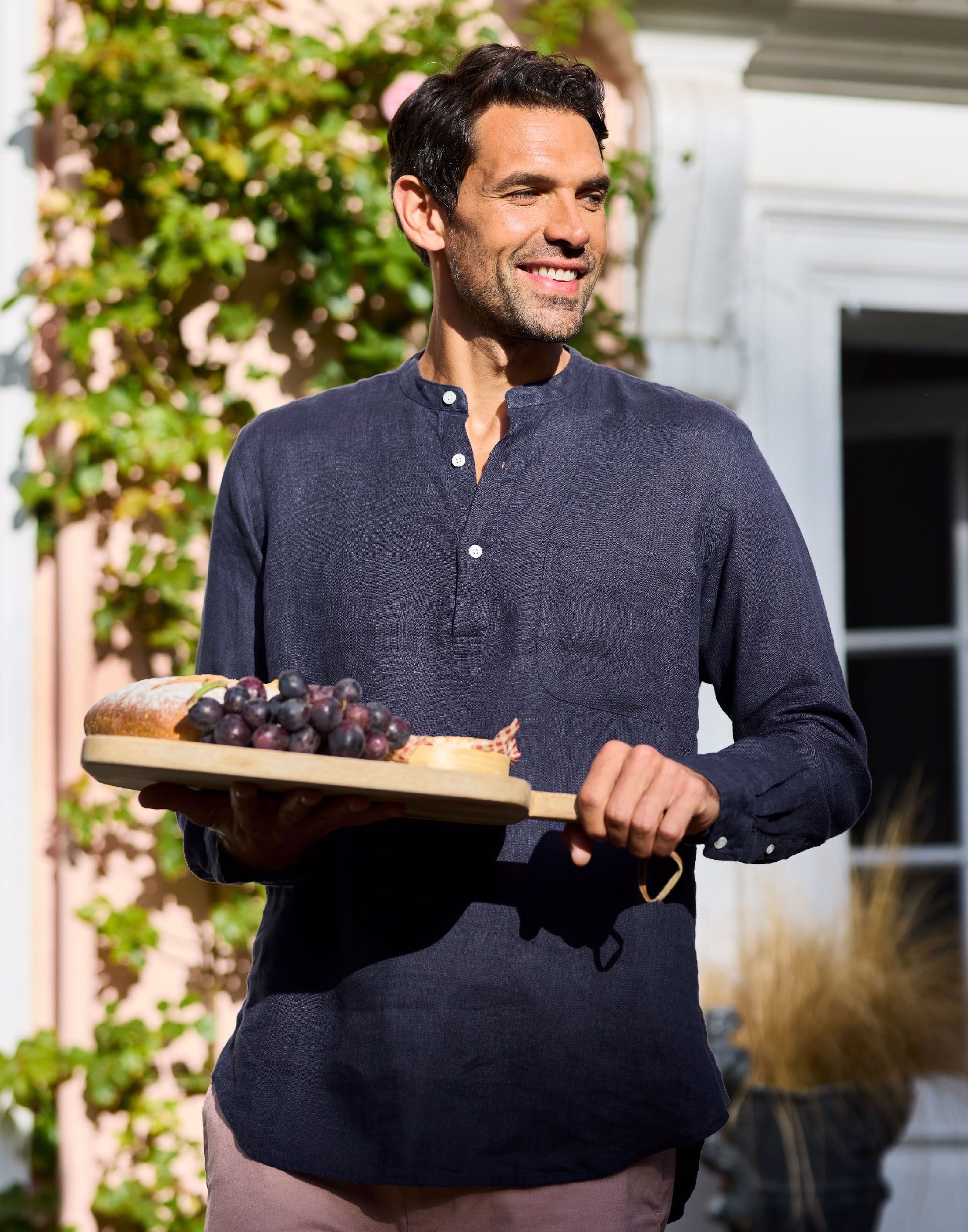 Linen Grandad Half Placket Shirt - Navy Half Placket | Joseph Turner