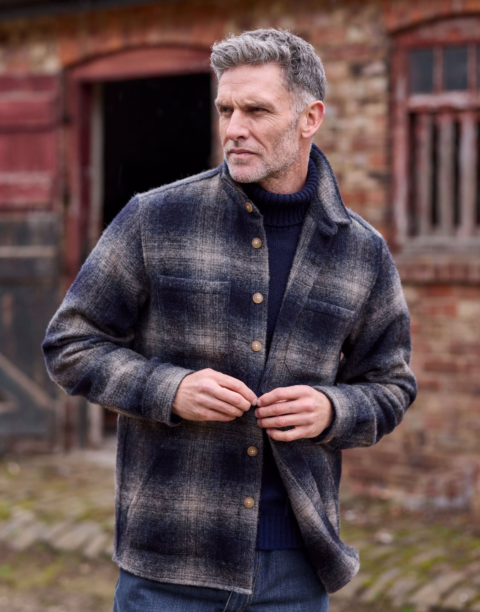 Wool Overshirt - Navy/Grey Check