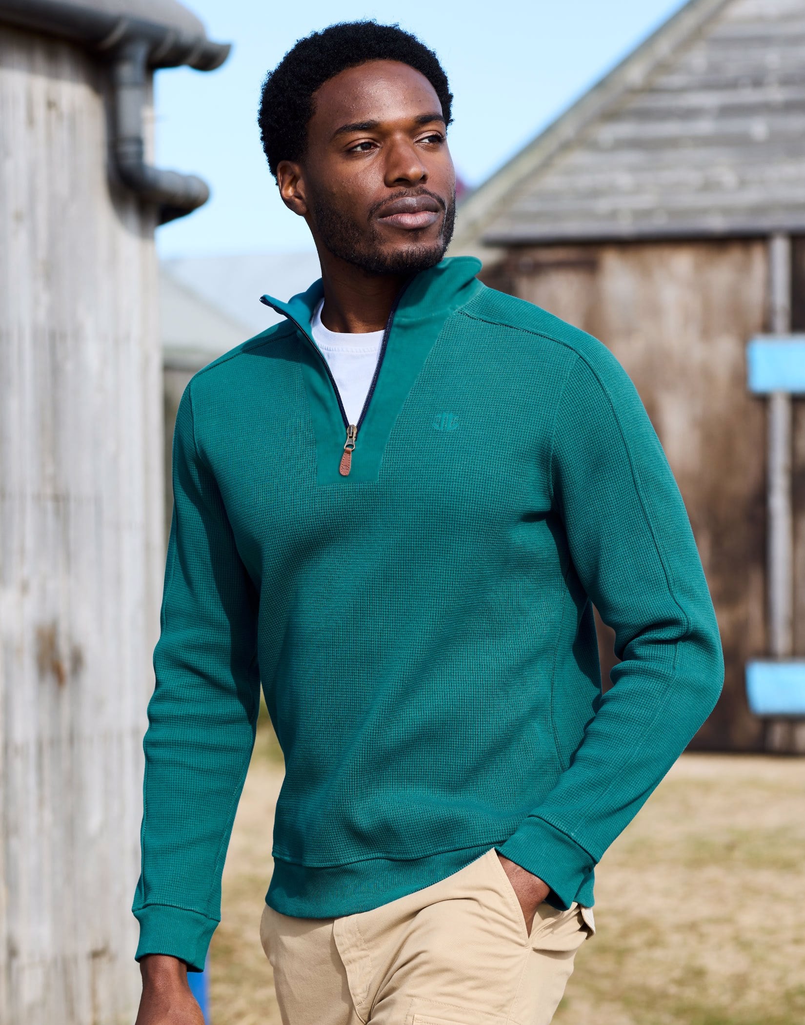 Half Zip Waffle Sweatshirt - Teal