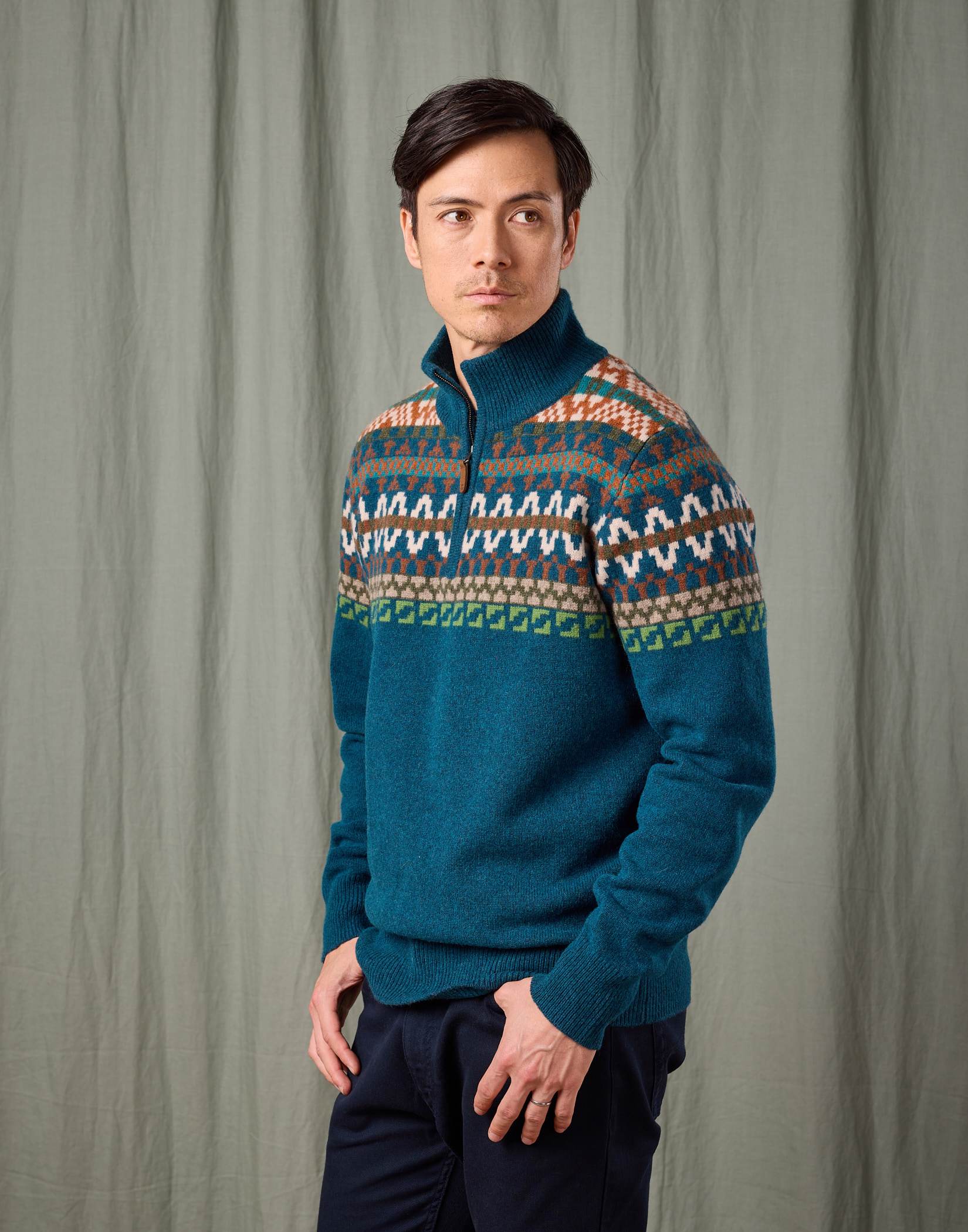 Fair Isle Half Zip Jumper - Teal/Orange