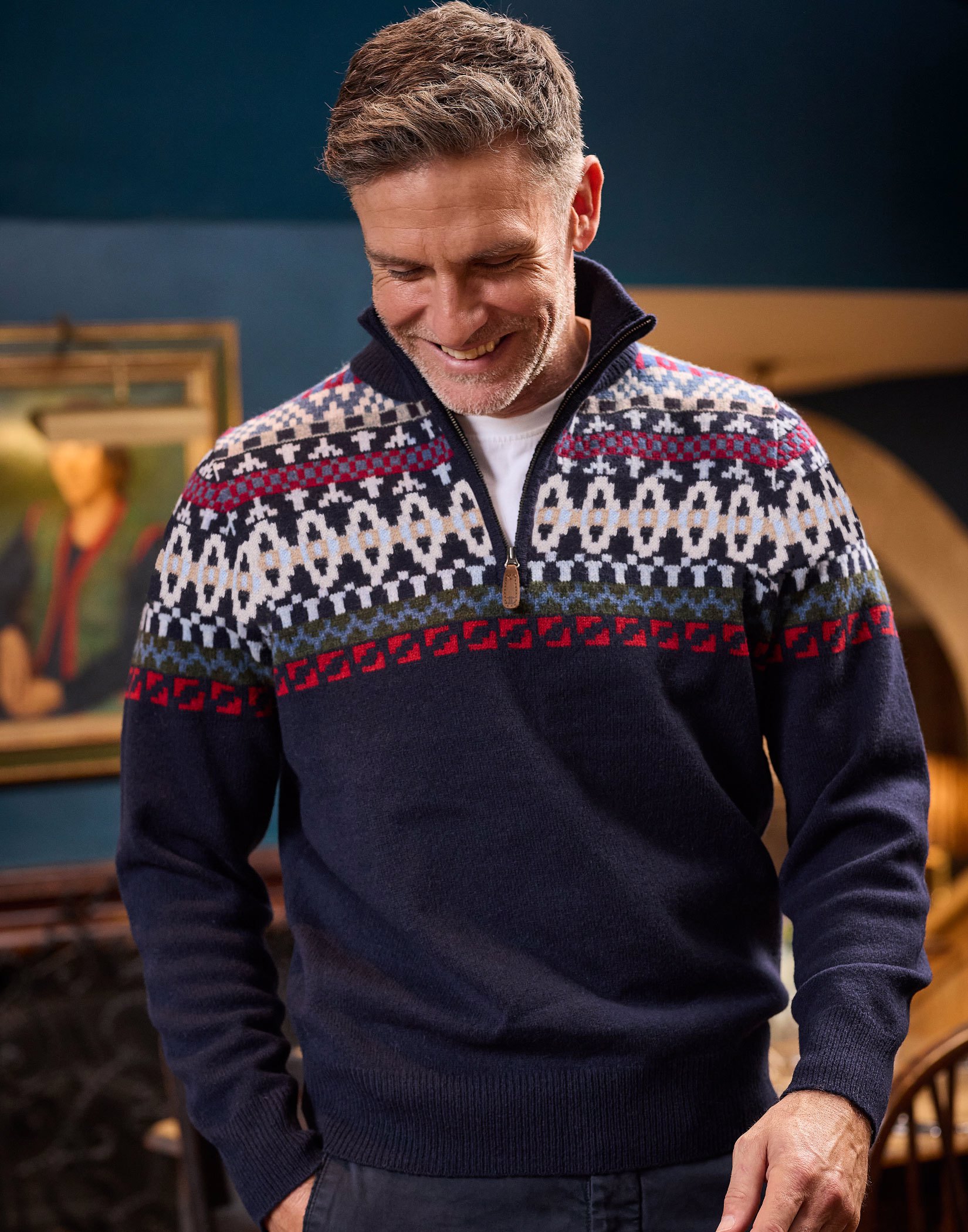 Fair Isle Half Zip Jumper - Blue/Red