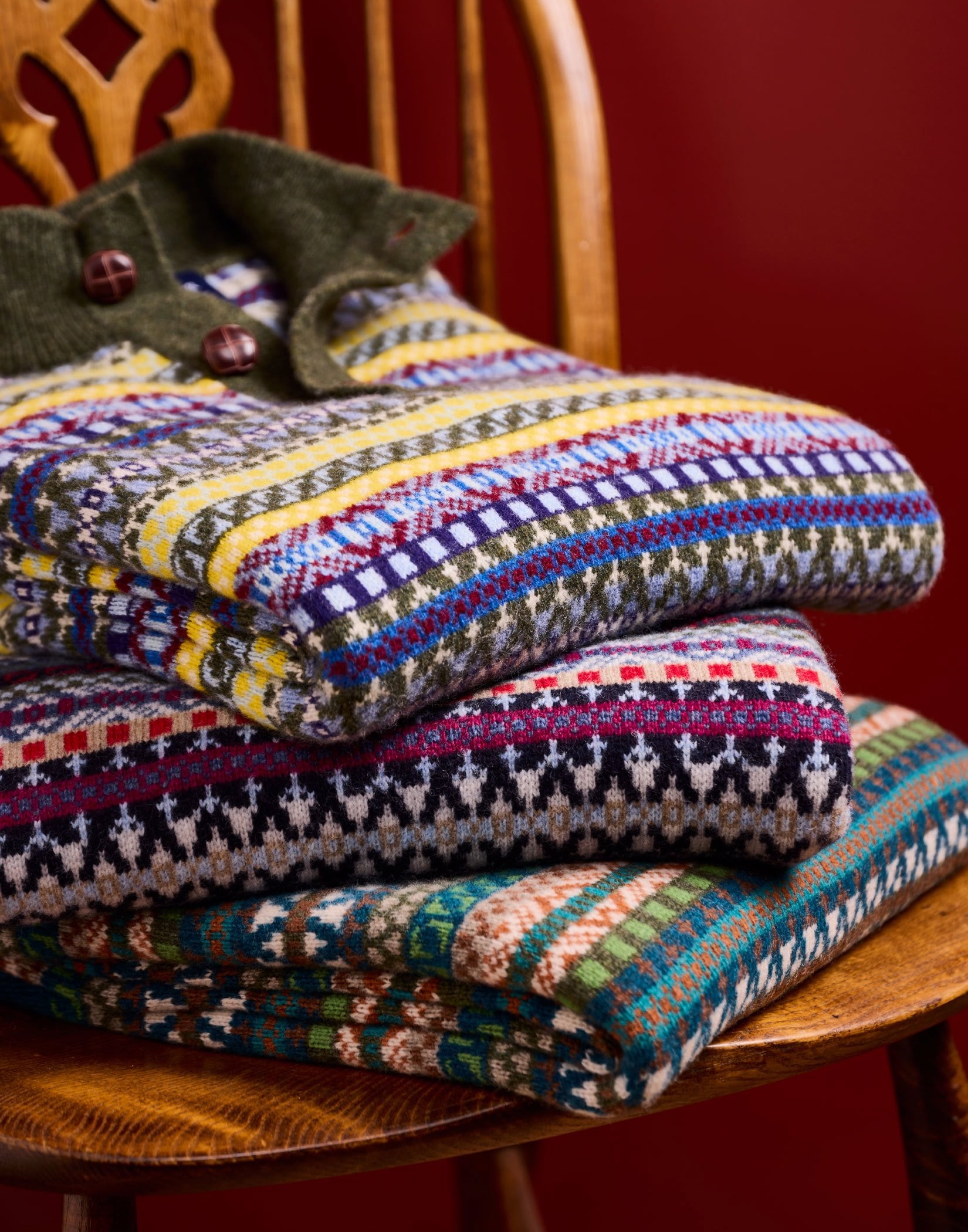 Fair Isle Button Neck Jumper - Green/Red/Yellow