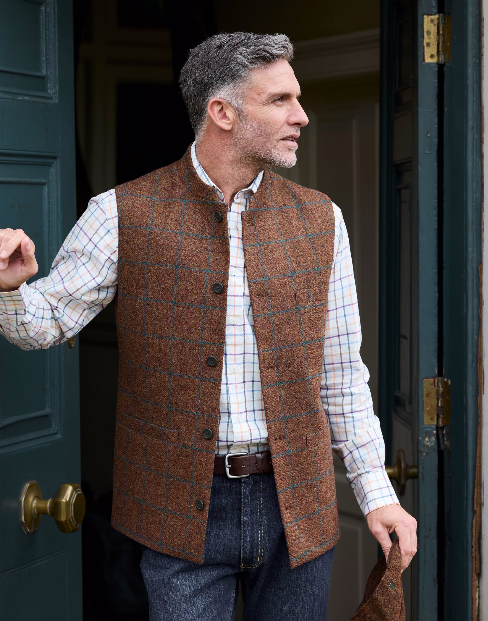 Tweed Nehru Gilet - Brown/Green