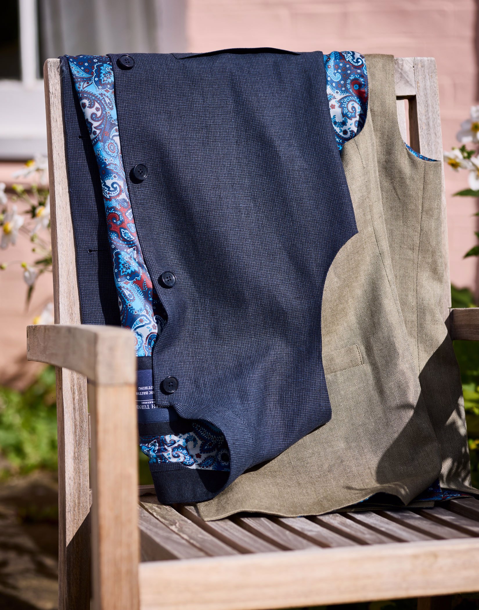 Wool/Linen Nehru Gilet - Navy Dogtooth