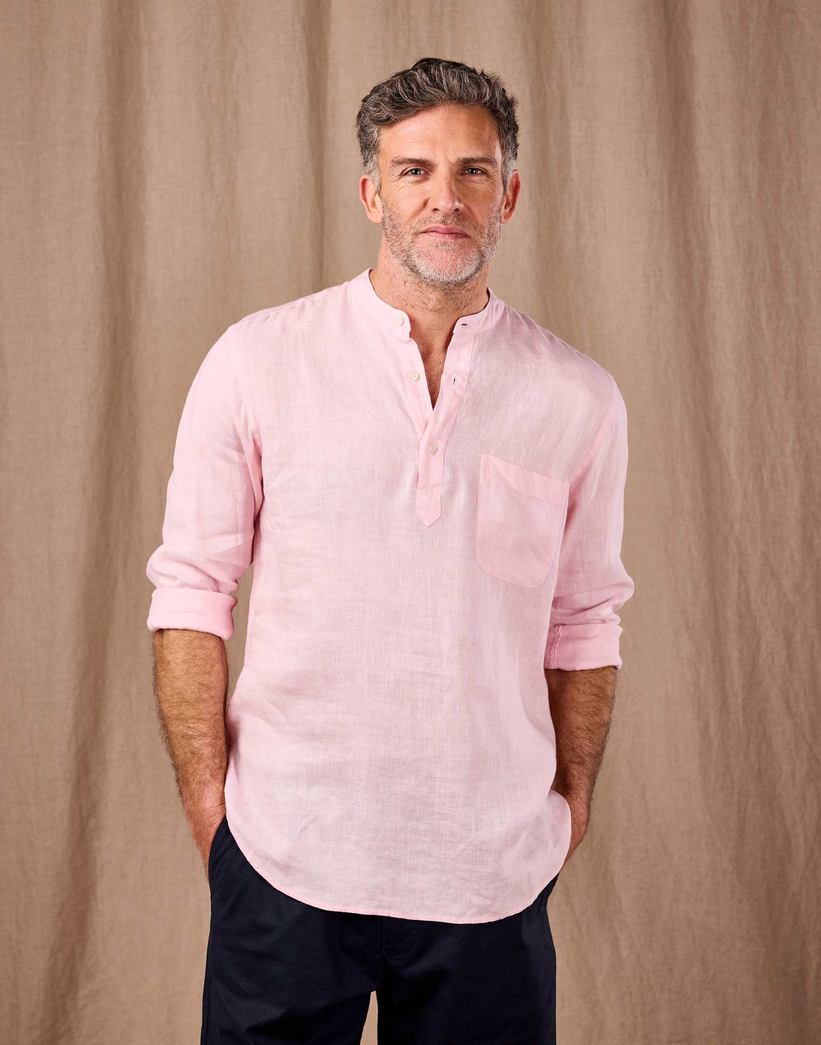 Linen Grandad Half Placket Shirt - Pink