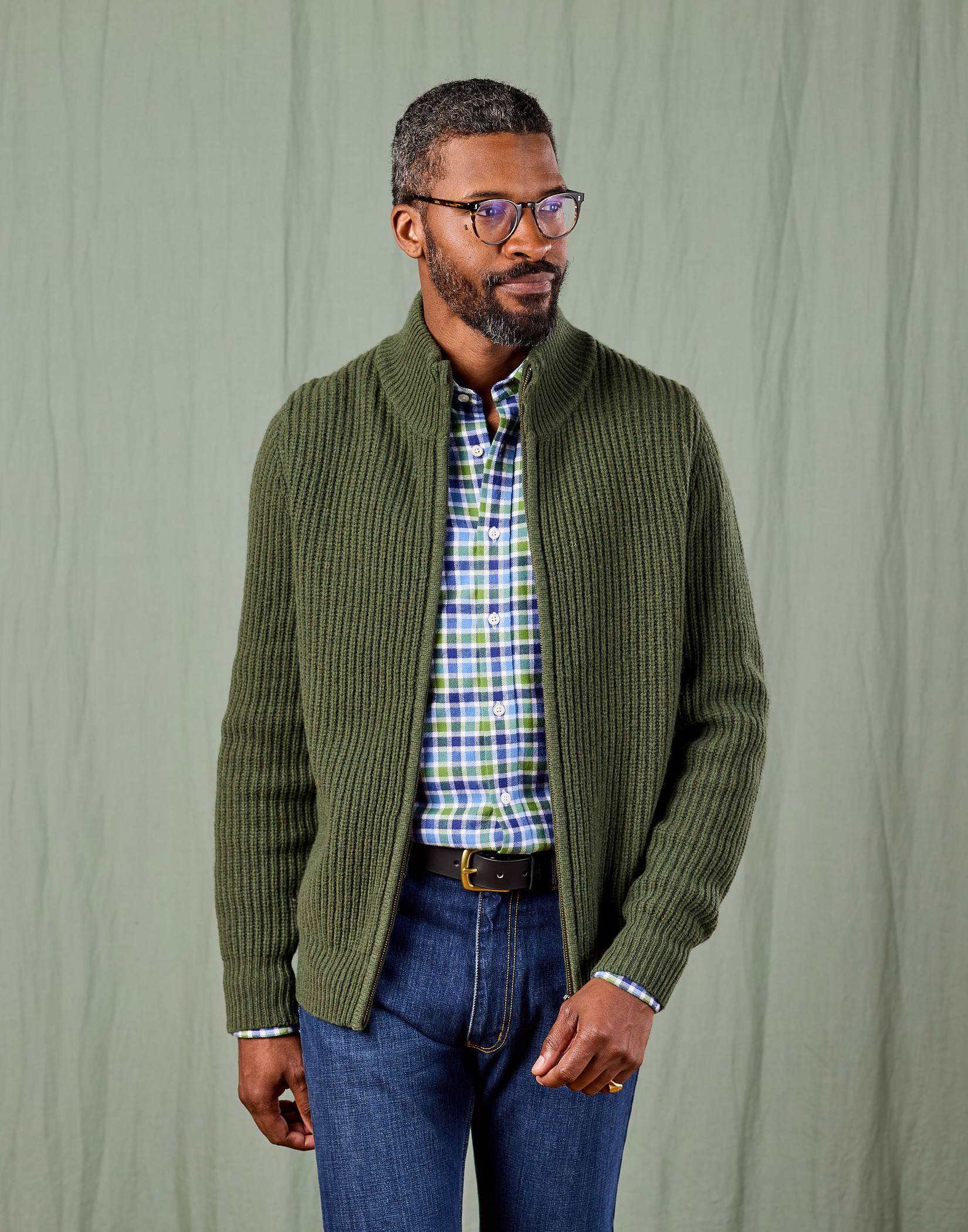 Lambswool Whitby Zip Cardigan - Green | Joseph Turner