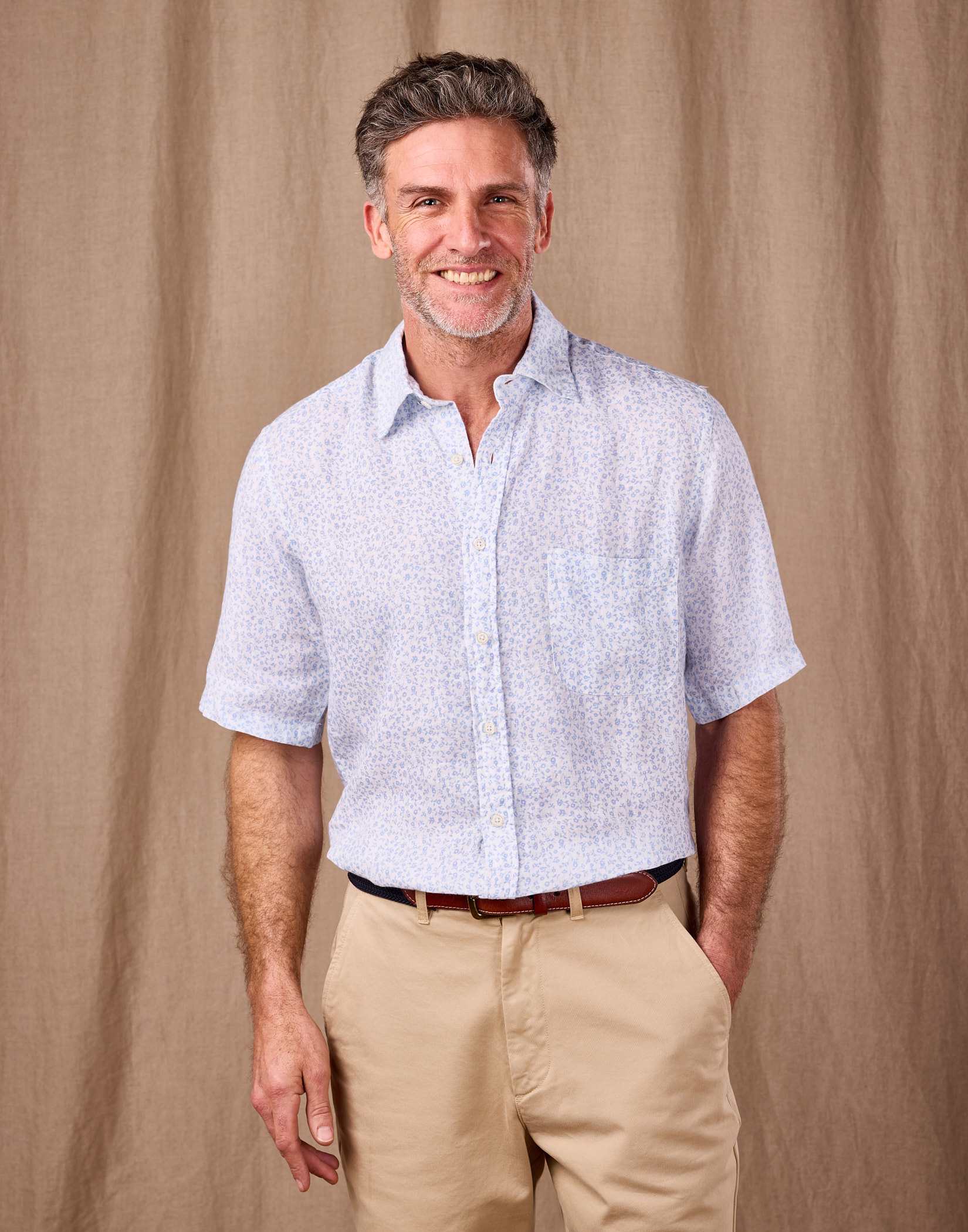 Linen Shirt Short Sleeve - Blue/White Floral