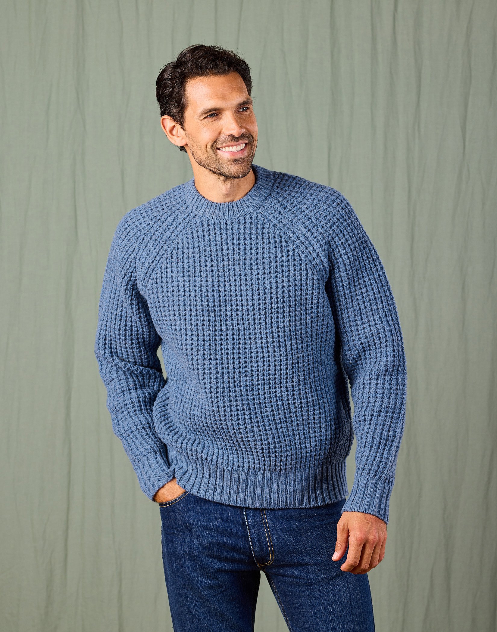 Waffle Crew Neck Jumper - Blue | Joseph Turner