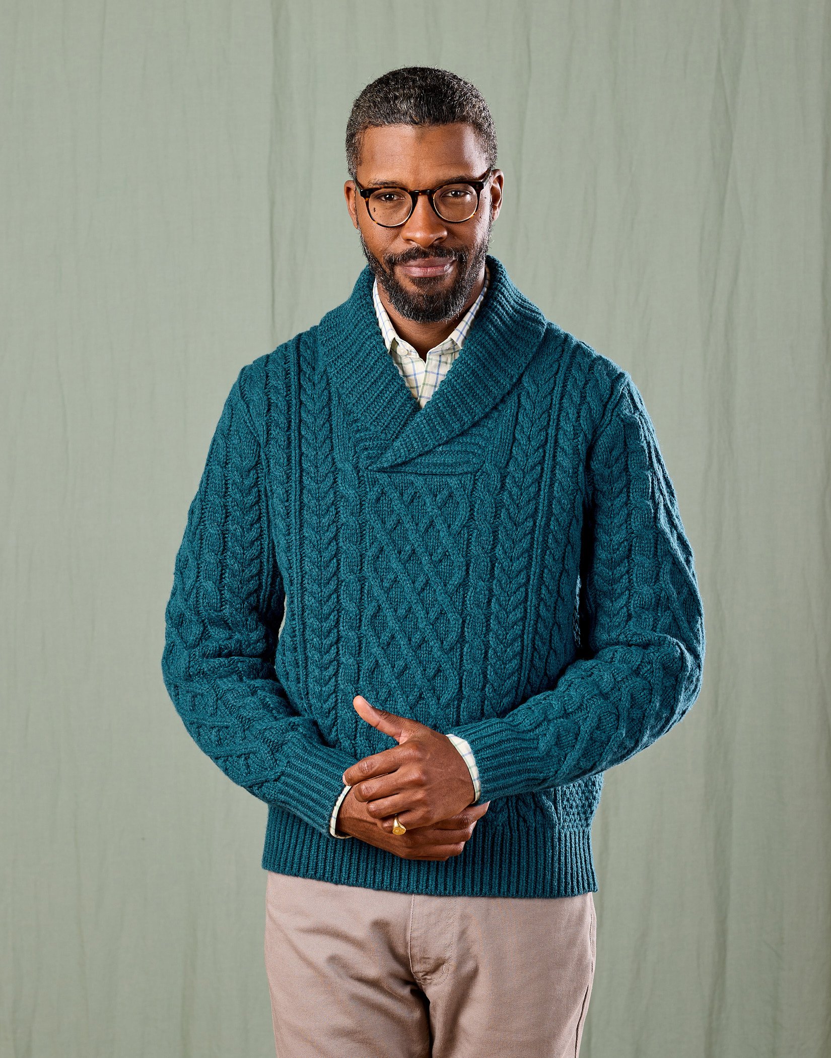 Aran Shawl Collar Jumper - Teal | Joseph Turner