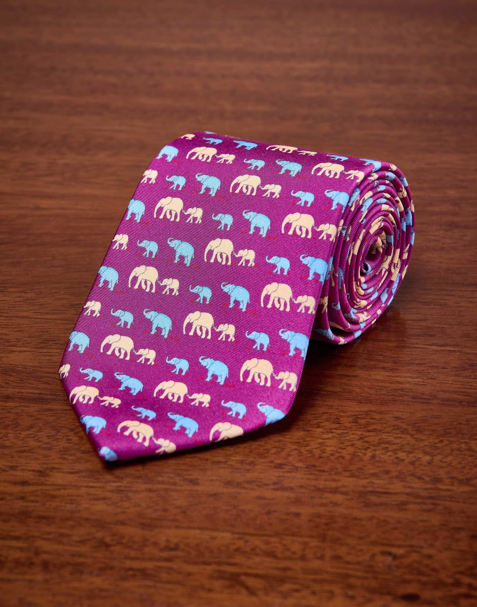 Elephants on Magenta Printed Silk Tie