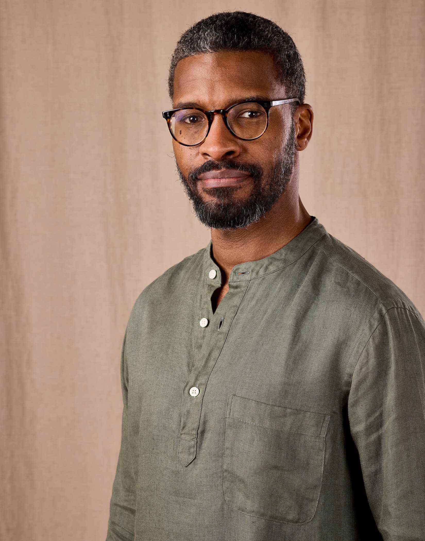 Linen Grandad Half Placket Shirt - Dark Olive