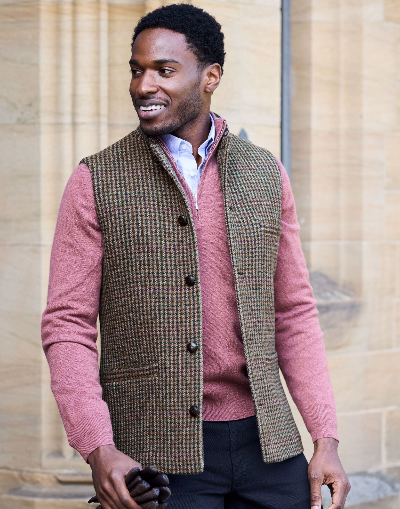 Double Faced Wool Gilet - Dogtooth/Burgundy