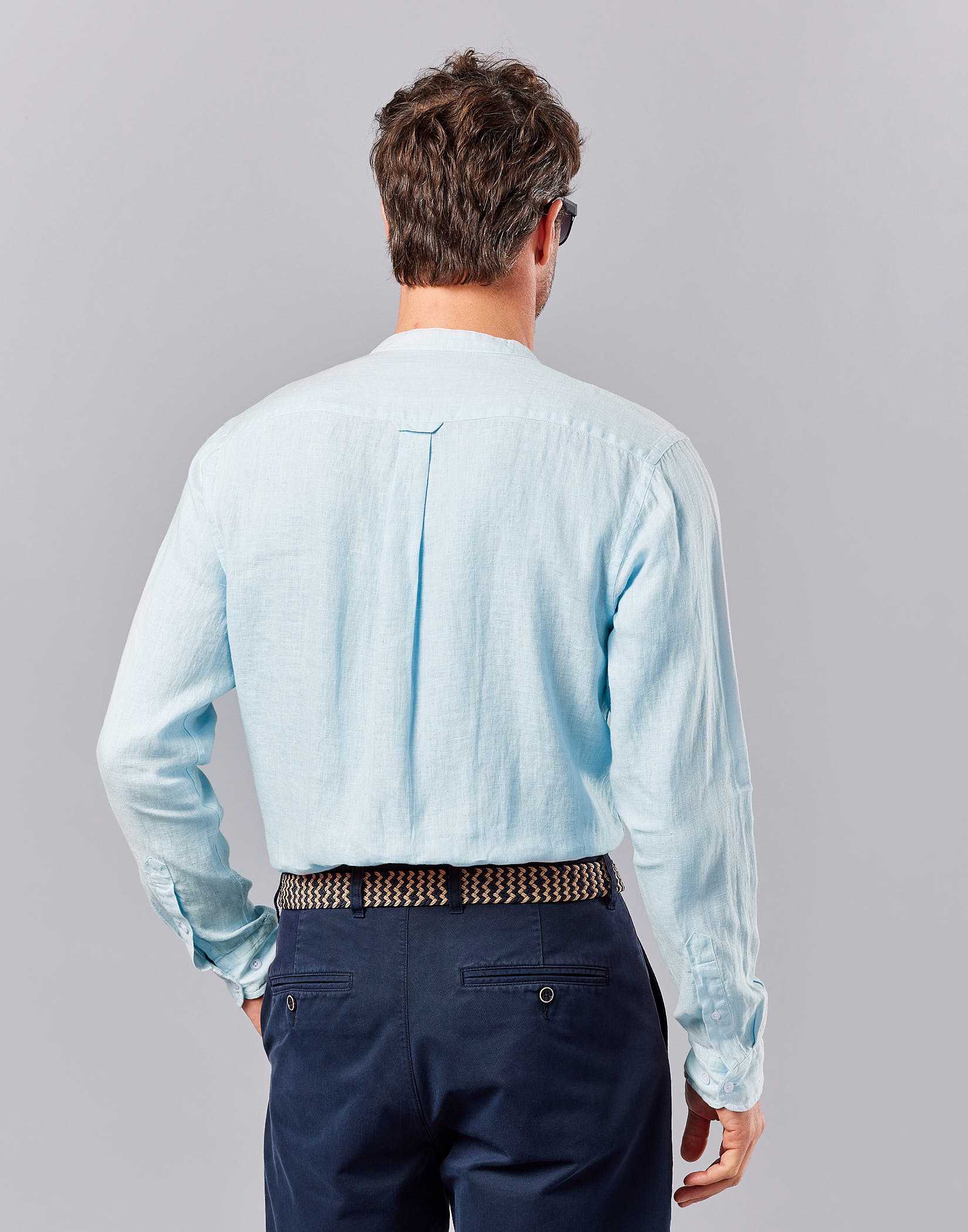 Linen Grandad Collar Shirt Aqua