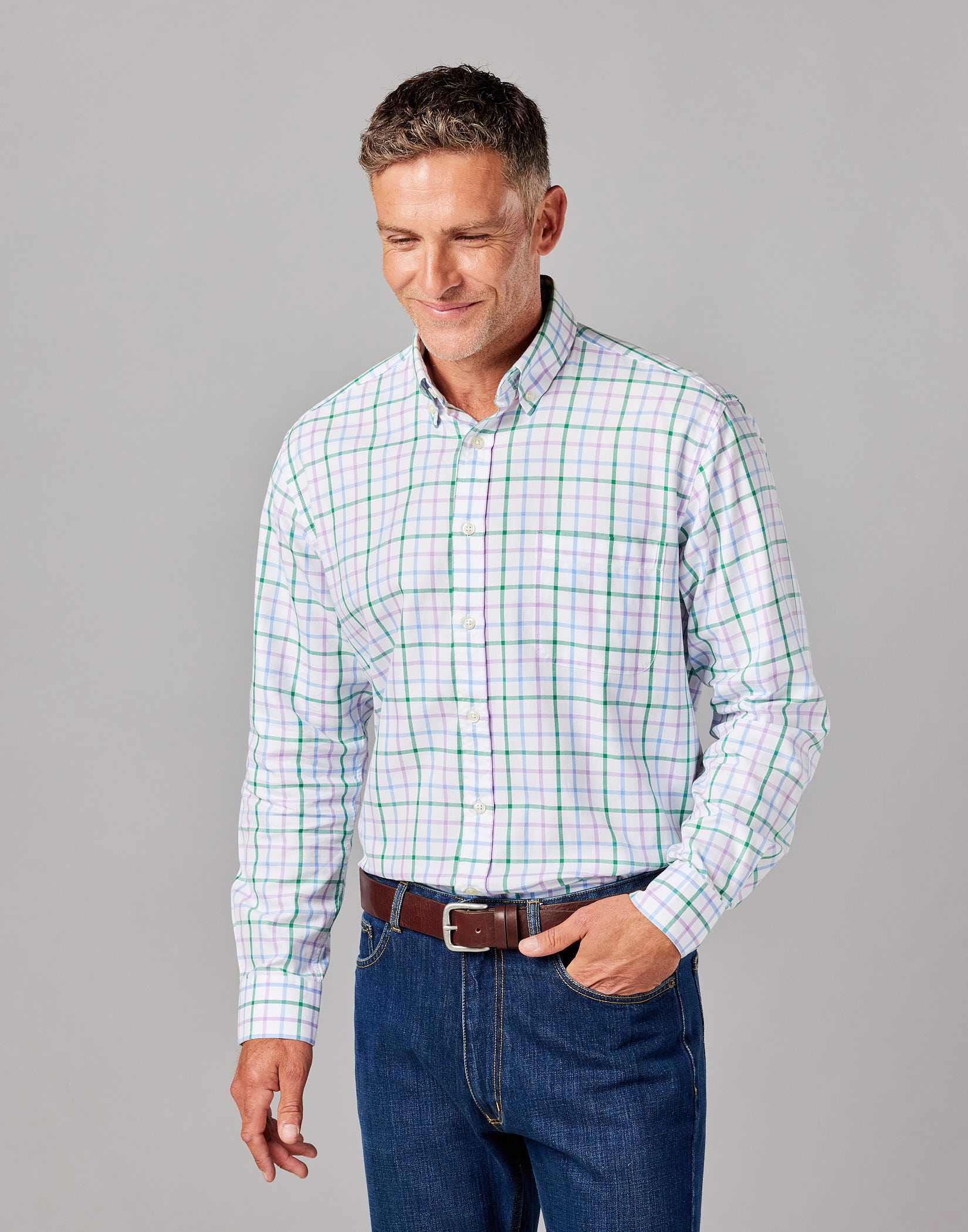 Button Down Oxford Shirt - Green/Purple/Blue Check