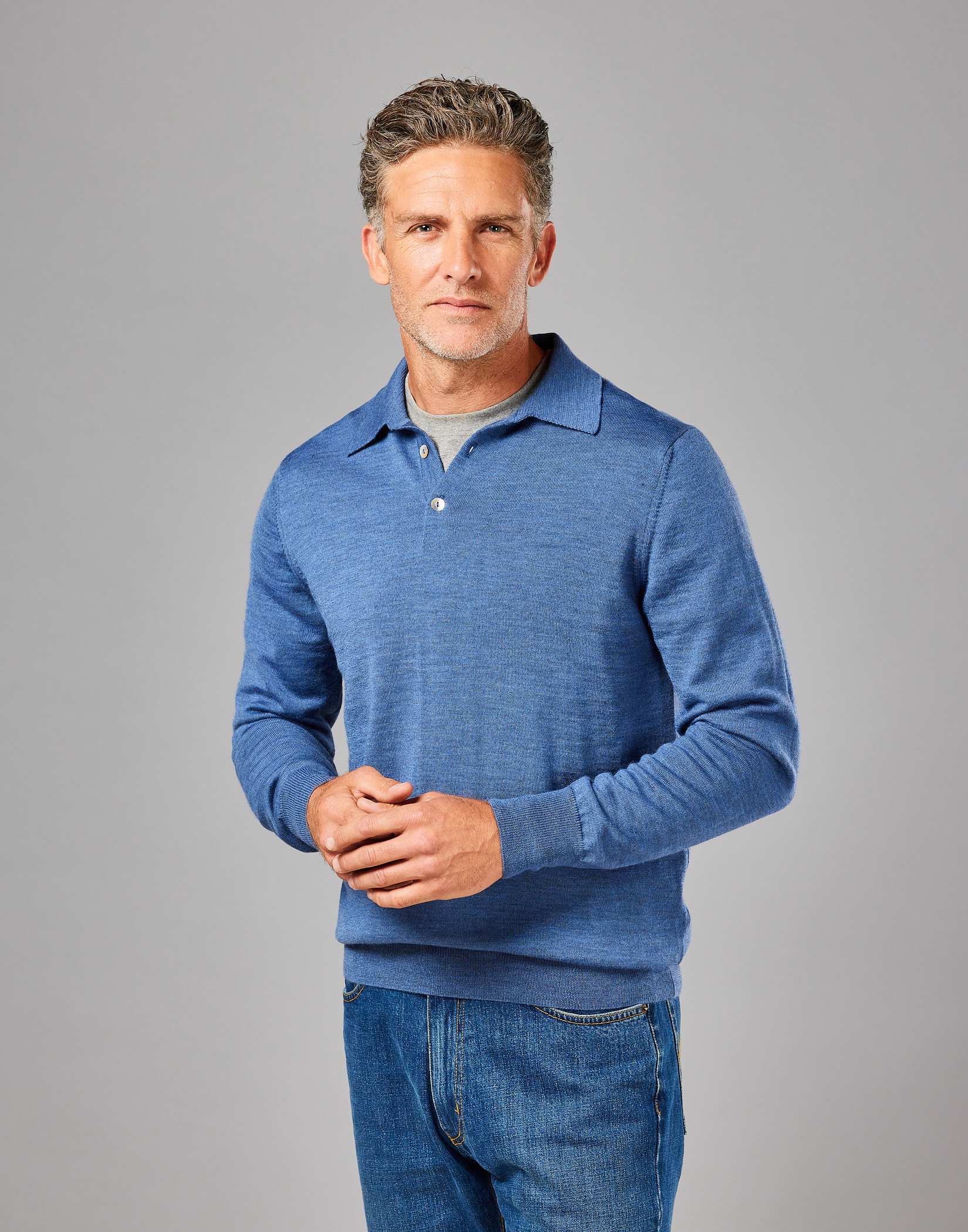 Merino Polo Collar Jumper - Mid Blue