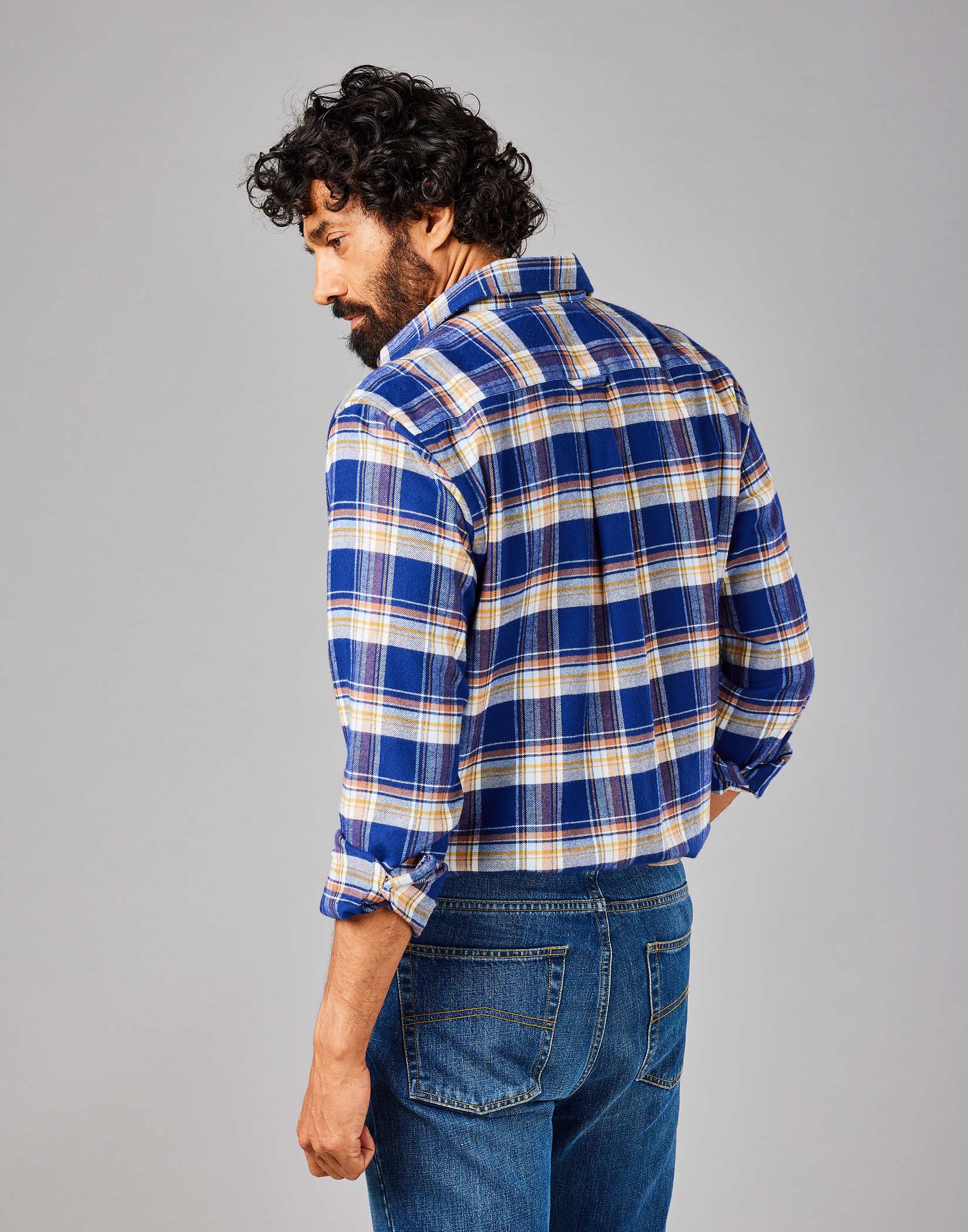 Brushed Cotton Check Shirt Navy/Mustard