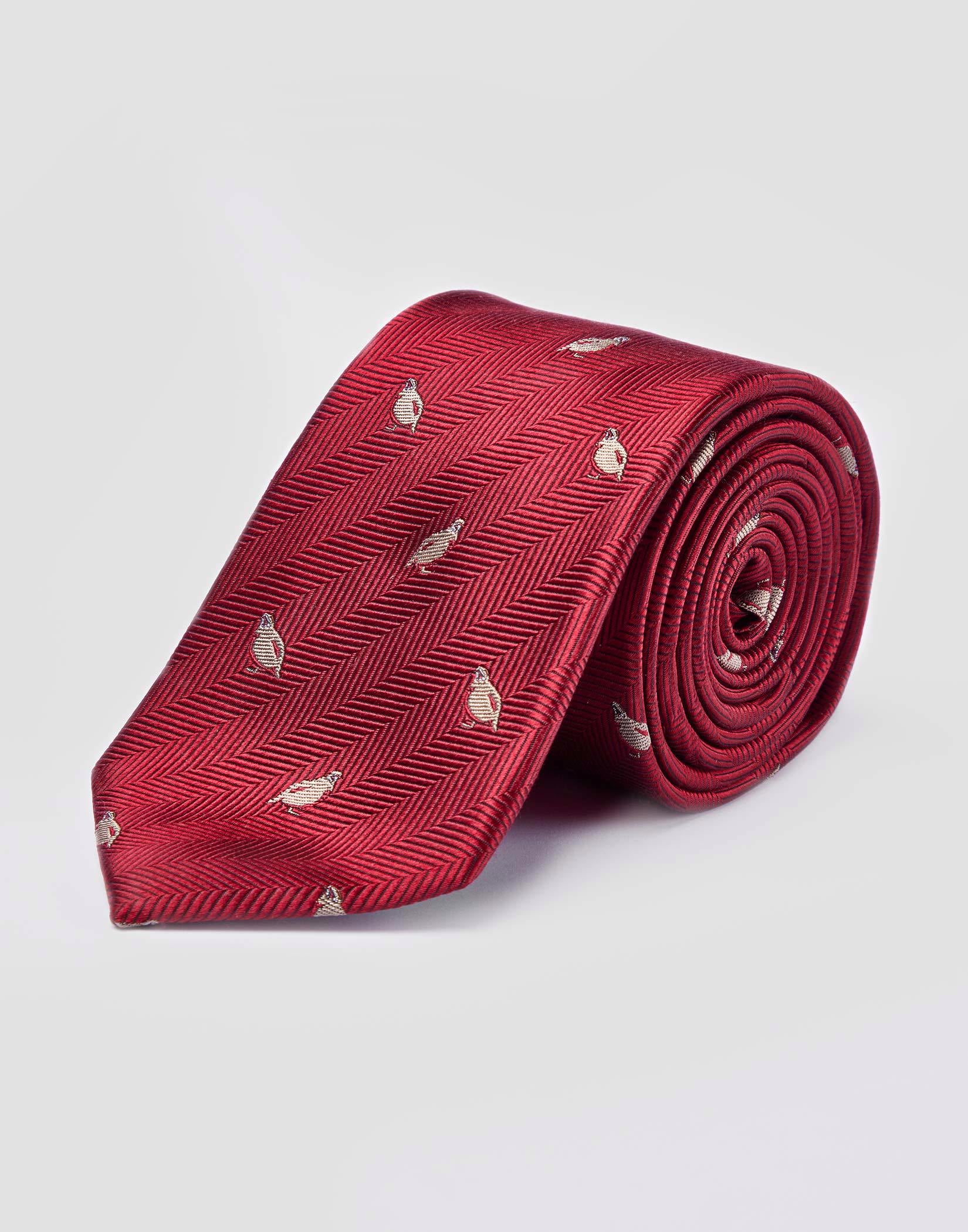 Partridges on Red Woven Silk Tie