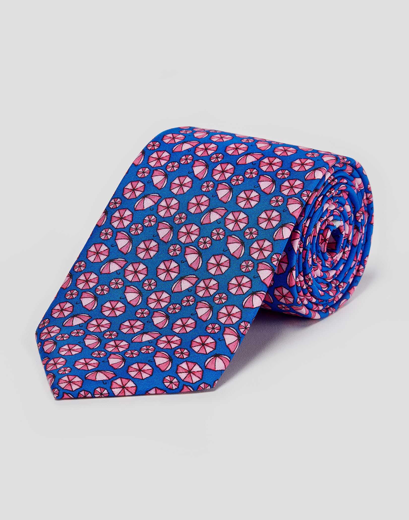 Pink Umbrellas on Blue Printed Silk Tie